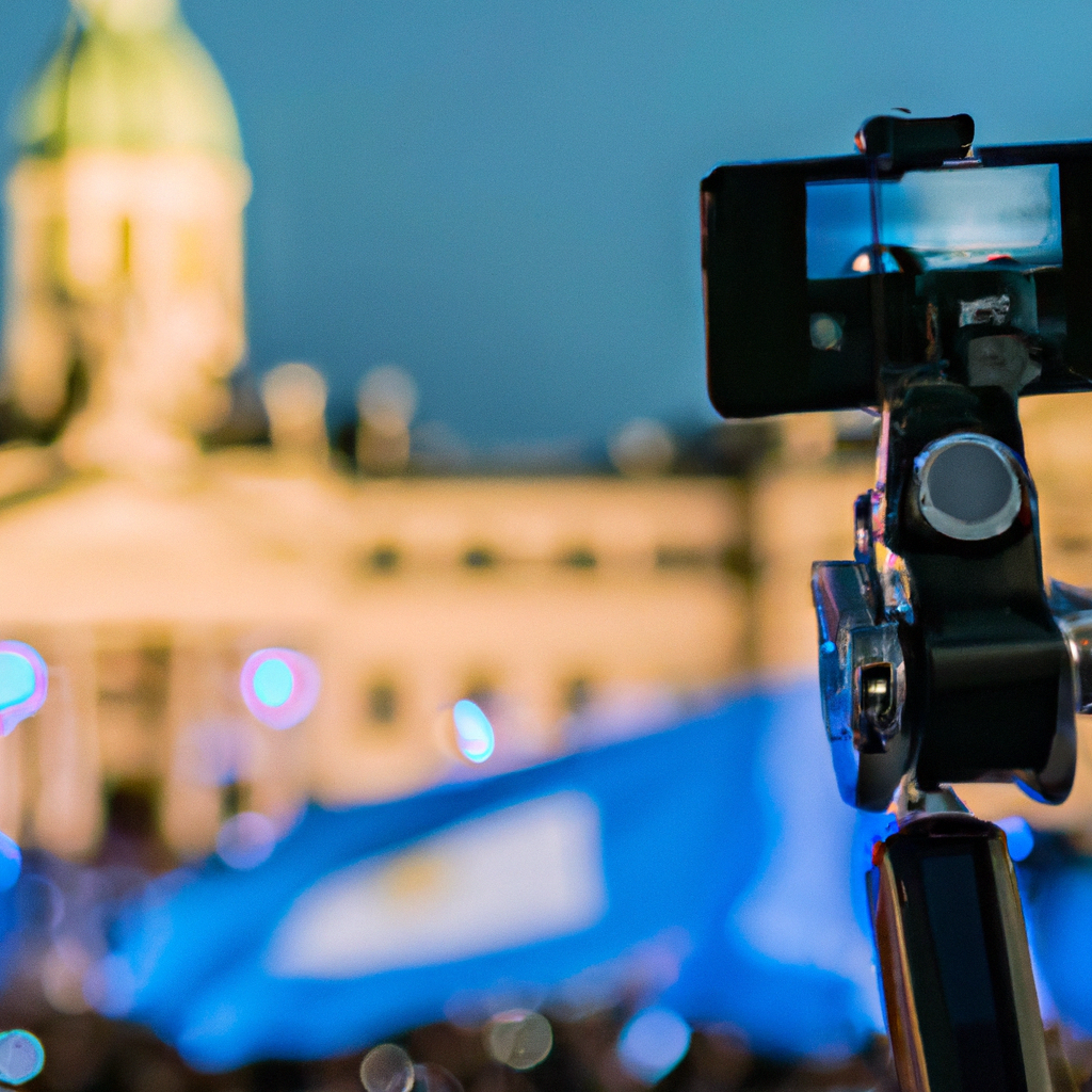Camarógrafa con gimbal grabando en Plaza de Mayo, Buenos Aires