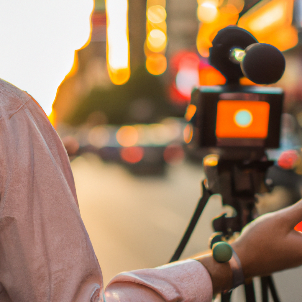 Reportera de video periodismo en Buenos Aires grabando con smartphone y micrófono de solapa